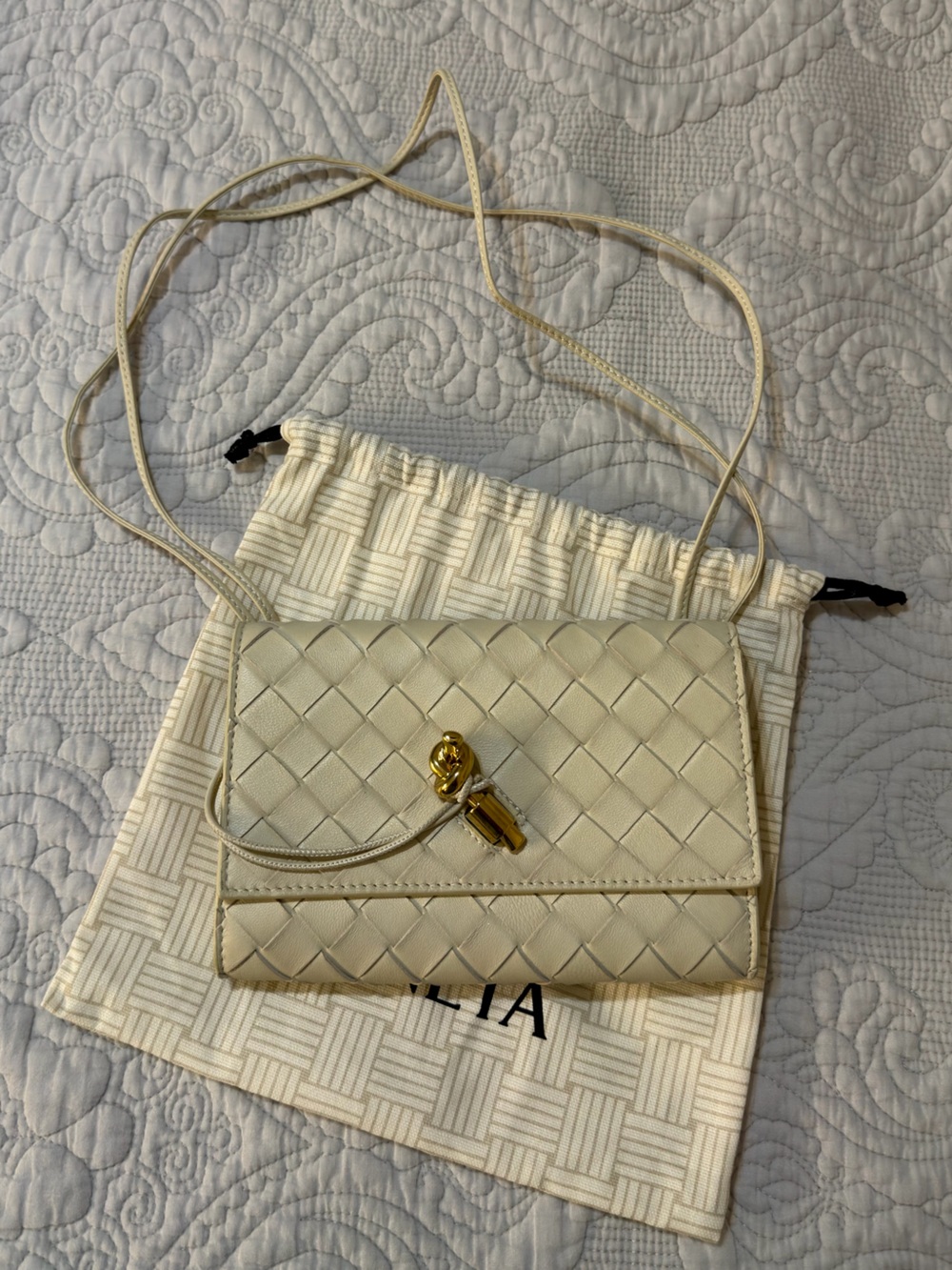Bottega Venetta Andiamo Intrecciato Leather Shoulder Bag in Cream color.